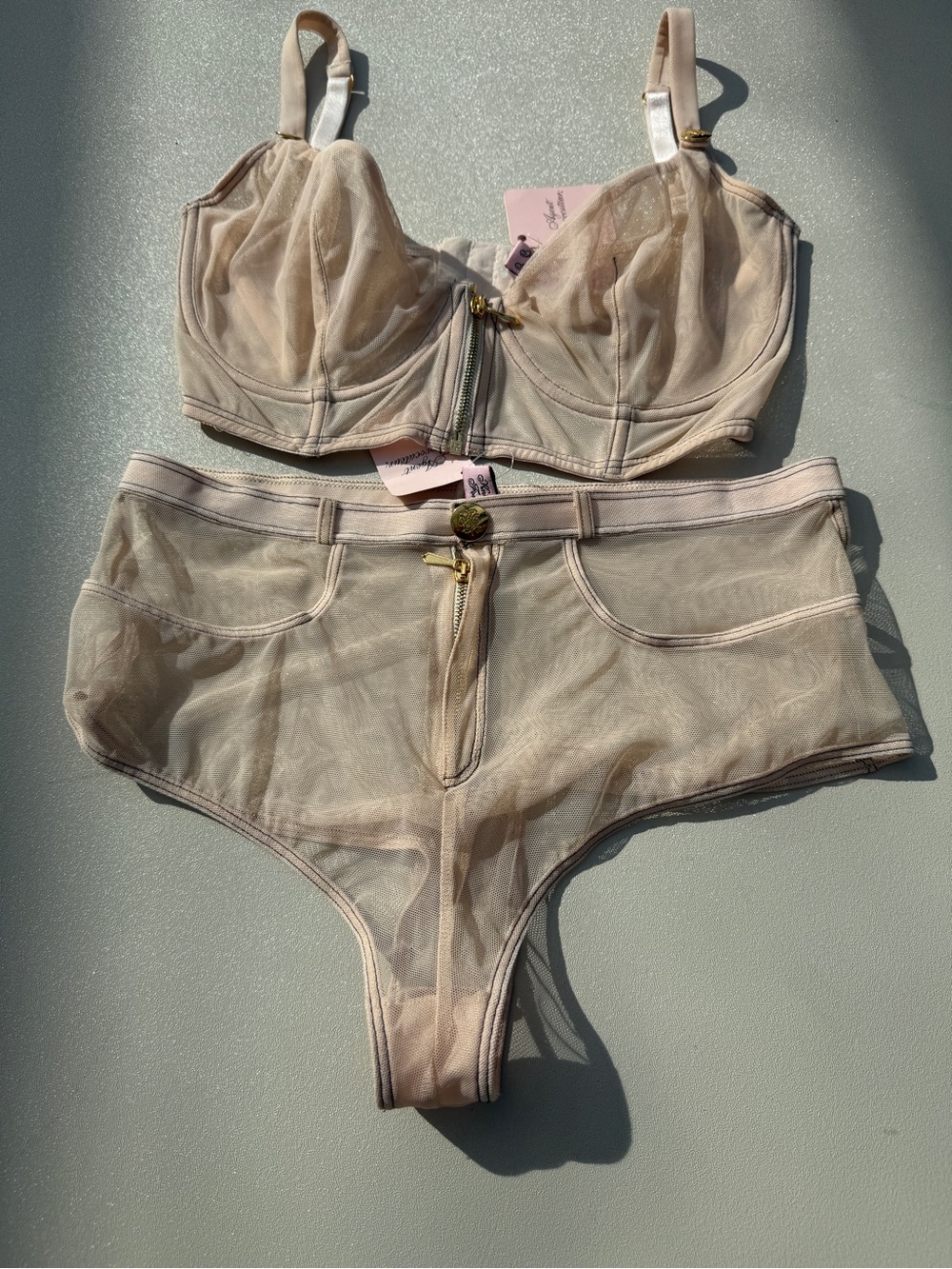 2009 Agent Provocateur Pale Blush Pink Mesh Faux-Denim Bra & Hot Pants Set